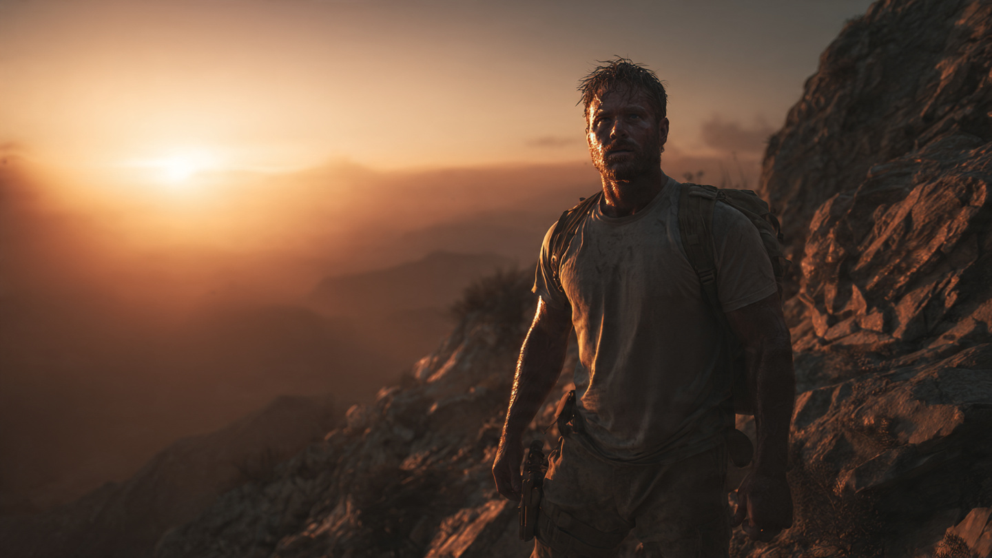 A determined former Navy SEAL warrior standing at dawn on a rugged mountain ridge, first light breaking behind him, wearing simple training clothes, intense focused expression, sweat on his face, symbolizing unbreakable discipline and freedom, A determined former Navy SEAL warrior standing at dawn on a rugged mountain ridge, first light breaking behind him, wearing simple training clothes, intense focused expression, sweat on his face, symbolizing unbreakable discipline and freedom,