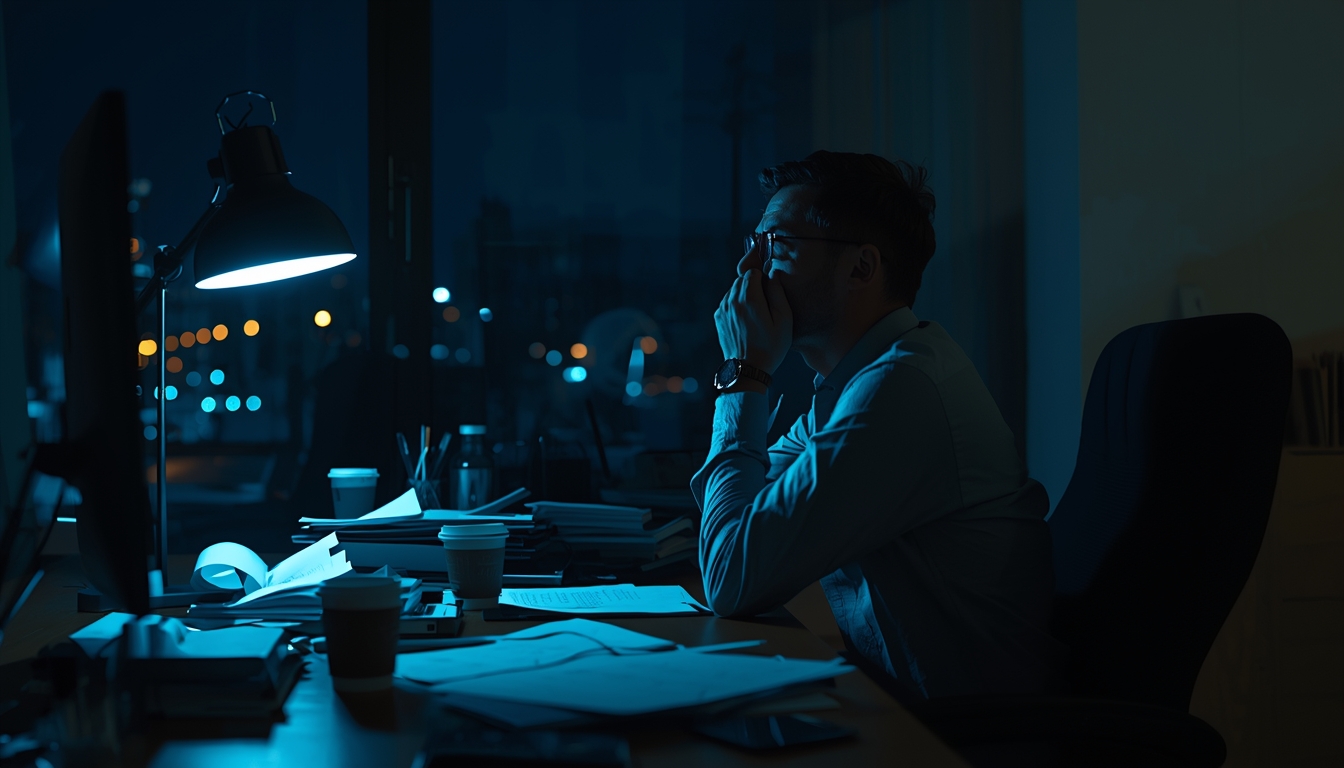 A man in his 30s sitting at a messy desk looking exhausted at his reflection in a dark window at night, surrounded by empty coffee cups and papers, moment of realization and extreme ownership, moody blue lighting, contemplative and empowering, hyper-detailed A man in his 30s sitting at a messy desk looking exhausted at his reflection in a dark window at night, surrounded by empty coffee cups and papers, moment of realization and extreme ownership, moody blue lighting, contemplative and empowering, hyper-detailed
