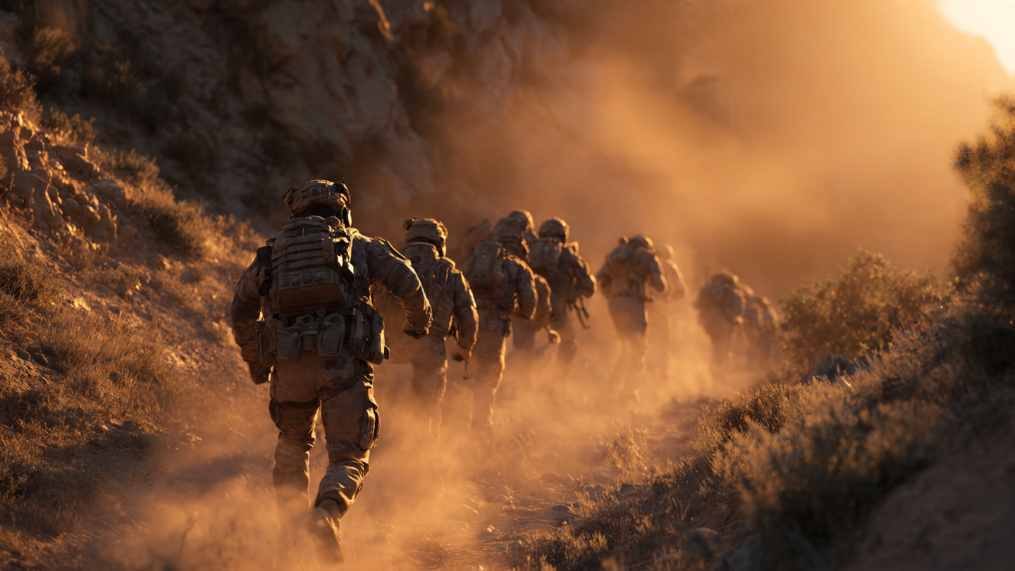 Action shot of elite Navy SEALs in formation moving forward through challenging terrain at first light, one leader pointing the way with confidence, representing taking action despite fear Action shot of elite Navy SEALs in formation moving forward through challenging terrain at first light, one leader pointing the way with confidence, representing taking action despite fear