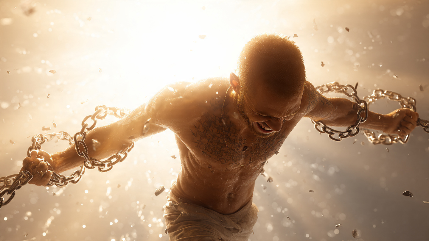 A strong individual dramatically breaking free from heavy chains in a bright light-filled space, transforming into a liberated powerful version of themselves with determined smile, symbolizing discipline equals freedom, epic and motivational. A strong individual dramatically breaking free from heavy chains in a bright light-filled space, transforming into a liberated powerful version of themselves with determined smile, symbolizing discipline equals freedom, epic and motivational.