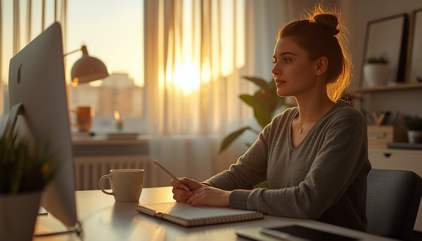A morning wellness scene, a strong motivated woman at sunrise in a calm modern home office, soft golden light, journal, coffee, phone on desk, subtle energy and clarity theme