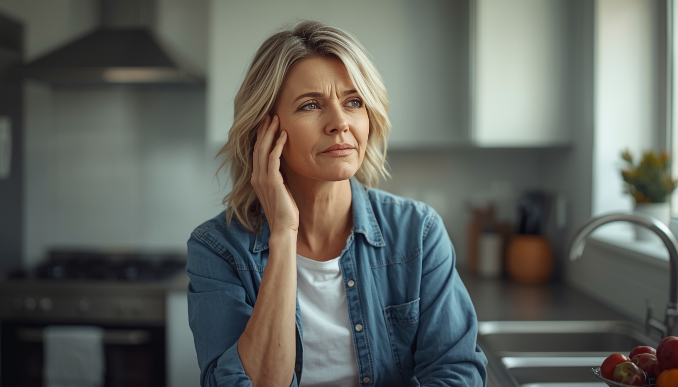 A woman in her 40s or 50s feeling fatigued and thoughtful in a bright kitchen, one hand on counter, subtle brain fog and stress theme