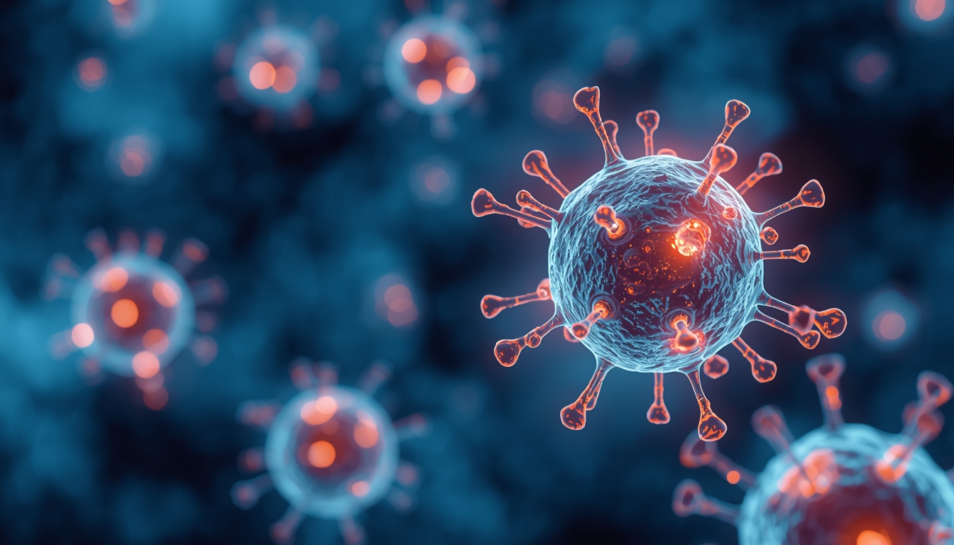 A scientific wellness scene showing stylized immune cells and mitochondria concept in a human body context, elegant medical illustration meets photorealism, glowing cellular energy, clean blue and amber tones