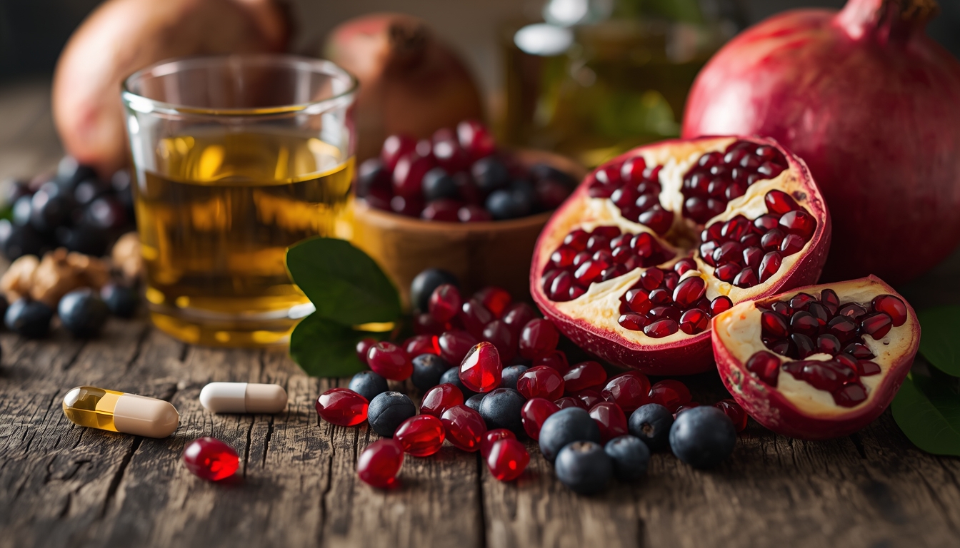 Colorful whole foods rich in polyphenols—pomegranates, walnuts, berries, olive oil—arranged on a rustic table beside a glass of water and supplement capsule