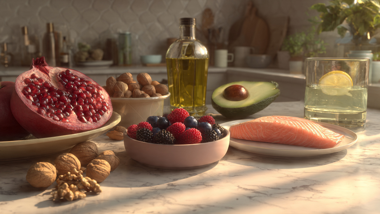 A kitchen countertop scene bathed in soft morning sunlight, featuring a clean stone or wood countertop with a small human‑scale composition of mitochondria‑supportive foods: fresh pomegranate seeds in a bowl, walnuts, a handful of mixed berries (blueberries, raspberries, blackberries), extra virgin olive oil in a glass bottle, an avocado half, a small piece of fatty fish (like salmon) on a white plate, and a glass of water with a lemon slice. Add subtle wellness and health‑conscious branding – not kitschy, no text on the image. Soft shadows, natural lighting, high detail, shallow depth‑of‑field