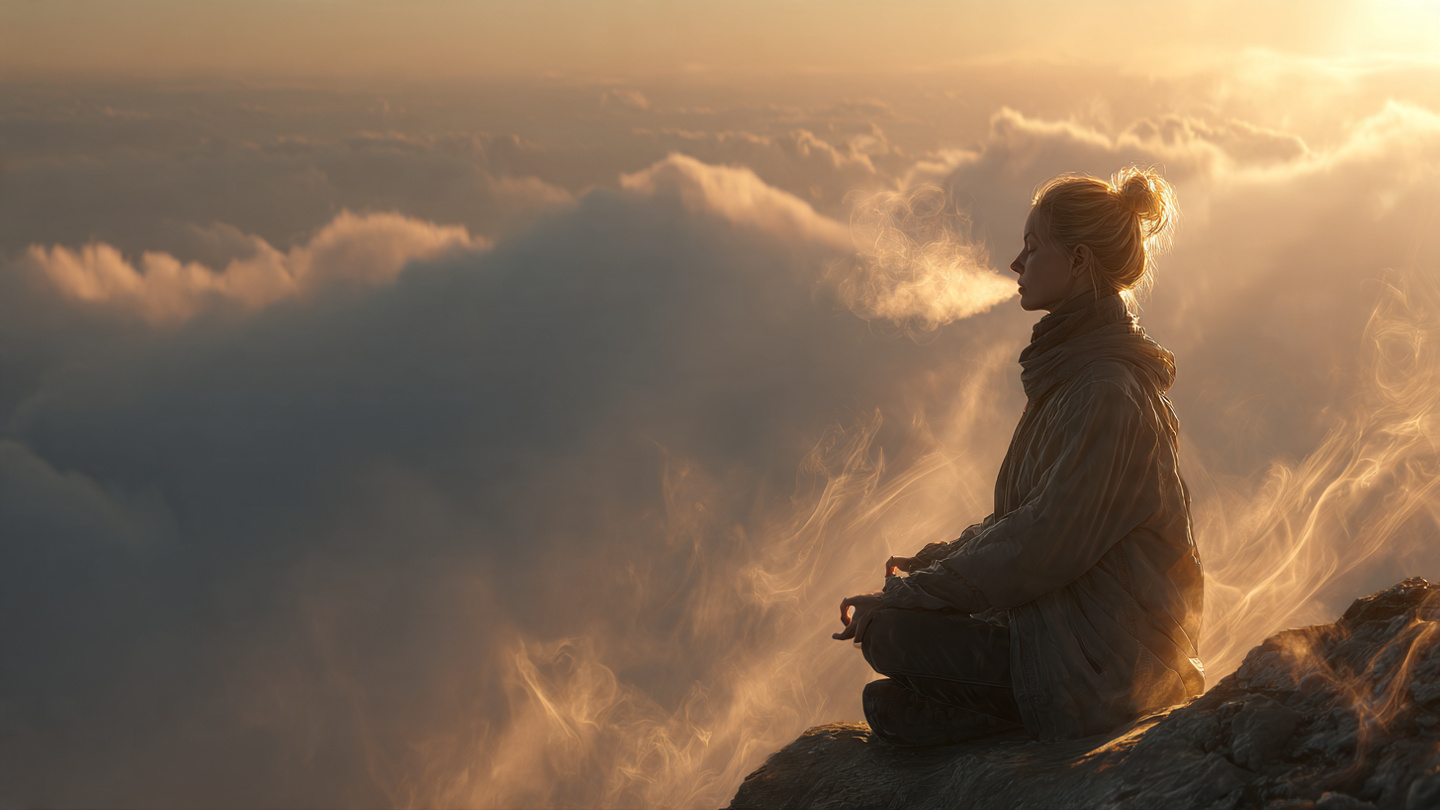 A person sitting in meditation position on a misty mountain peak at sunrise, eyes closed, visible breath in cold air, peaceful expression, soft golden light breaking through clouds, inspirational and serene atmosphere.