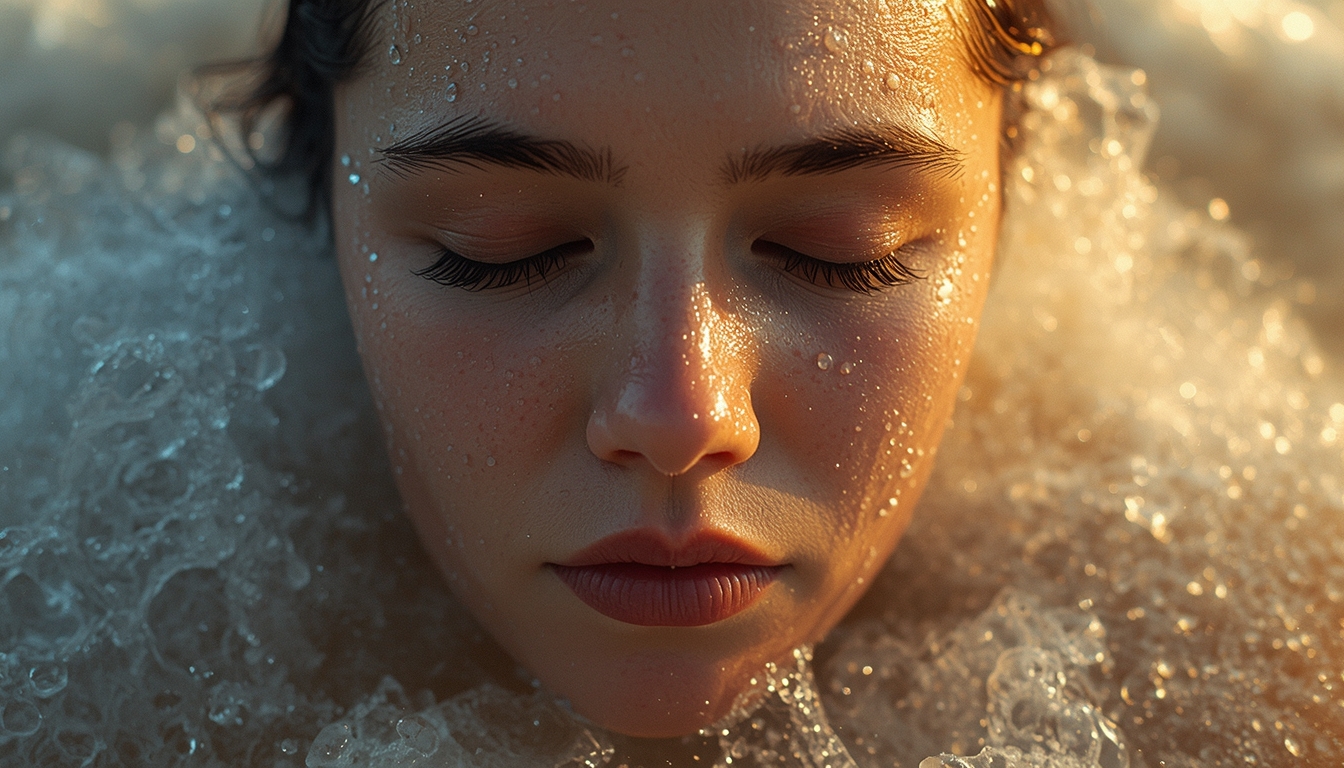 Close-up of a person's face during cold water immersion, eyes closed with peaceful expression, water droplets on skin, steam rising from body in cold air, golden morning light, showing transformation and inner strength.