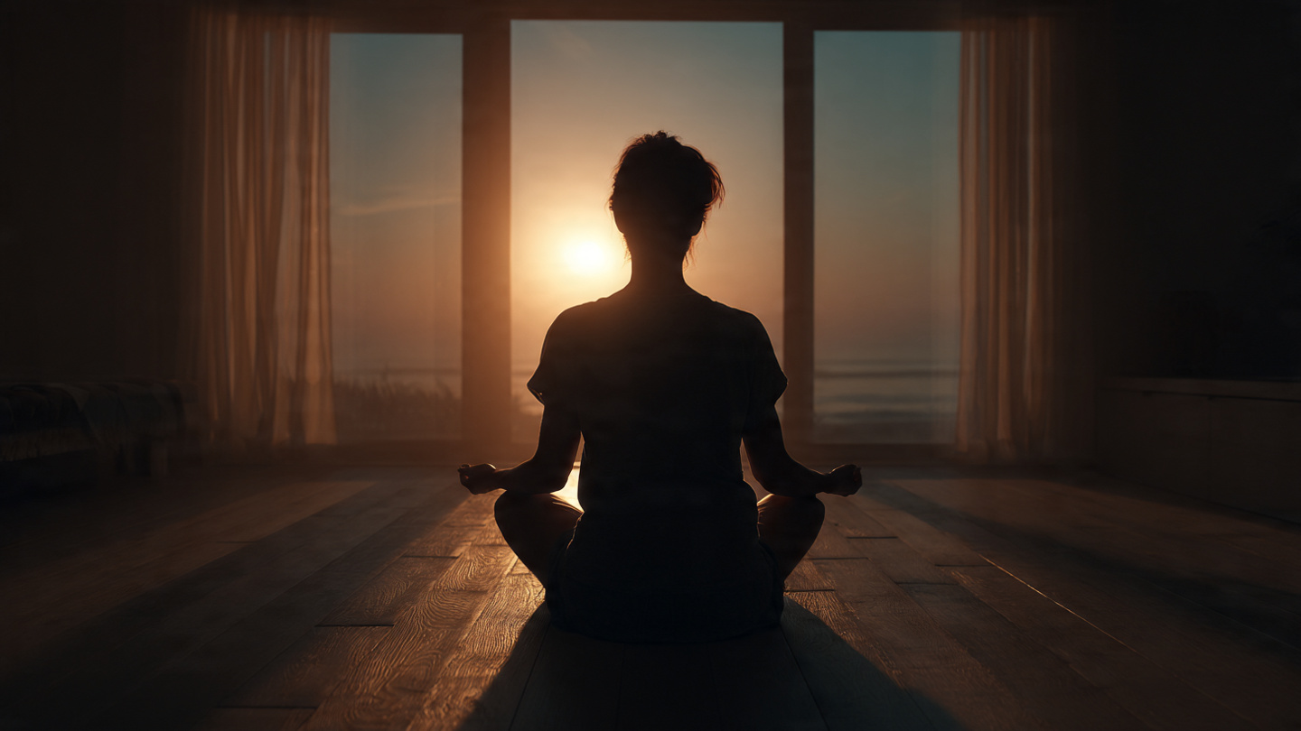 A person meditating at sunrise in a minimalist room, sitting on floor with hands on knees, soft morning light streaming through window, calm and focused expression, peaceful atmosphere.
