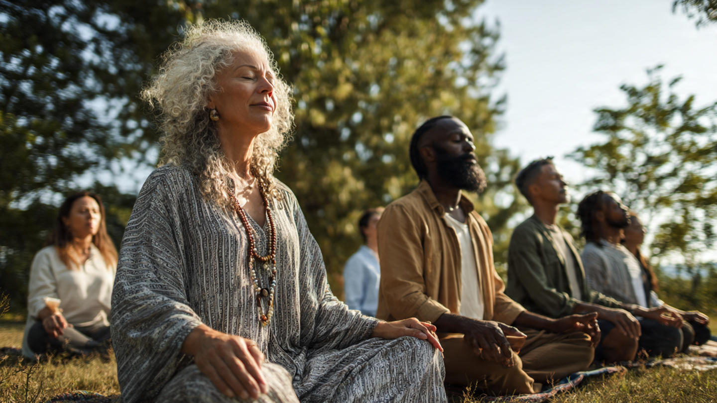A diverse group of all ages meditating together in a beautiful outdoor nature setting A diverse group of all ages meditating together in a beautiful outdoor nature setting