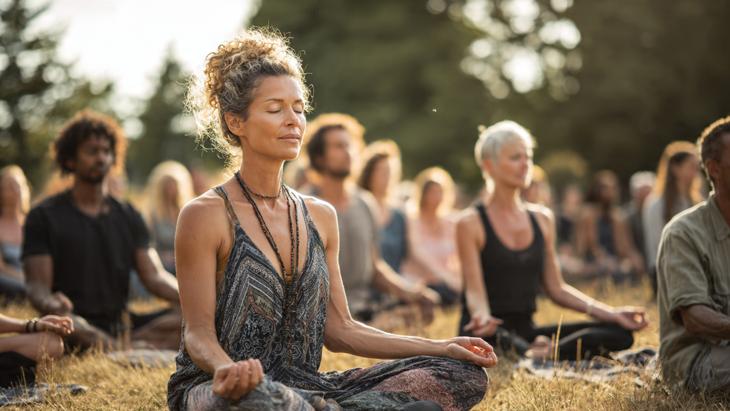 A diverse group of people practicing breathwork together outdoors in nature, sitting in circle on grass, eyes closed, peaceful expressions, morning sunlight filtering through trees, sense of community and transformation.
