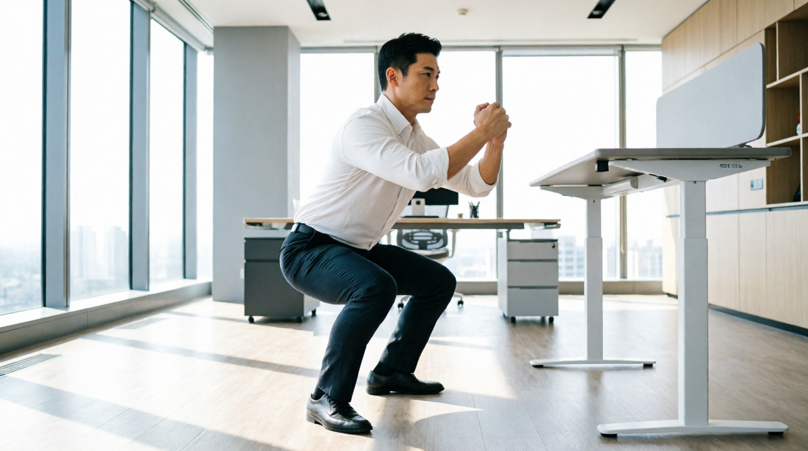 A man, age 40s, standing next to a standing desk in a modern office. He's in the middle of doing 10 bodyweight squats, form is perfect (chest up, knees tracking over toes). 