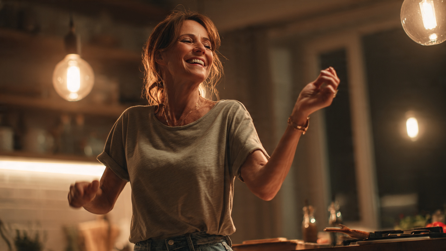 A woman, age 50s, dancing in her kitchen while cooking dinner. She's at the stove but has one hand raised, moving to imaginary music. She's smiling and looks joyful. Kitchen is warm, homey—evening lighting, maybe from overhead pendant lights. 