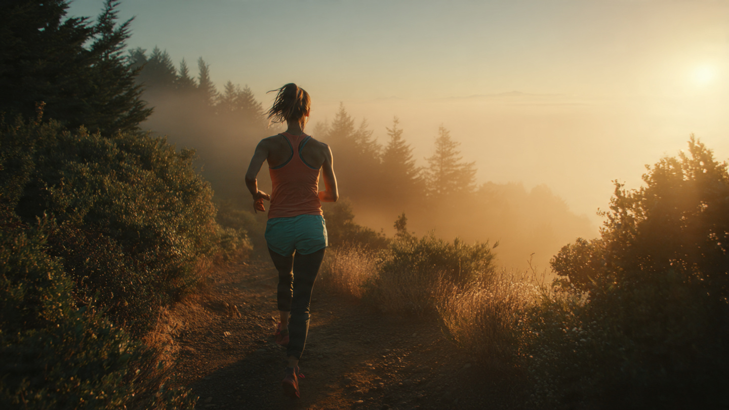 A solo runner, age 30s, silhouetted at sunrise on a mountain trail. She's running away from the camera, slightly uphill, with golden hour light behind her. She's in athletic wear (bright colors—maybe coral or teal). The trail is surrounded by green trees and soft fog. 