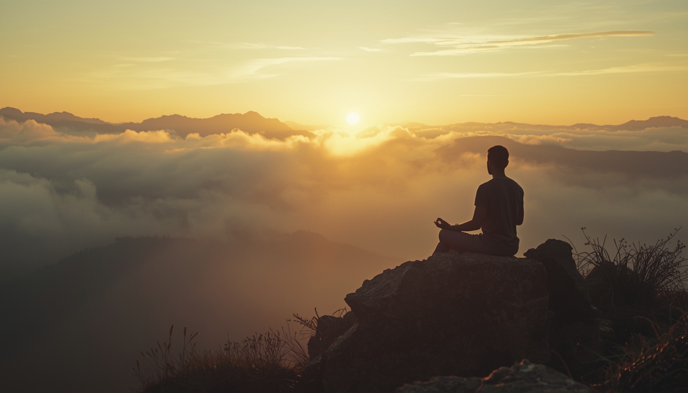 A serene sunrise over misty mountains, with a lone figure sitting in meditation posture on a rocky outcrop, golden light breaking through clouds, peaceful and contemplative atmosphere