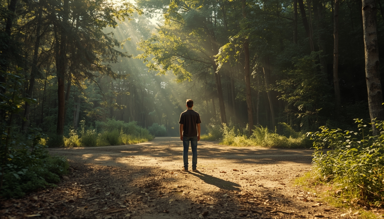 A person standing at a forest crossroads, looking confused and searching, dappled sunlight through trees, symbolic of seeking, sense of journey and questioning