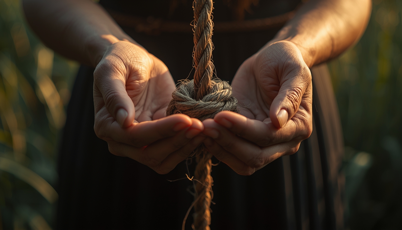 Close-up of hands gently releasing a rope, soft focus background, symbolic of letting go and surrender