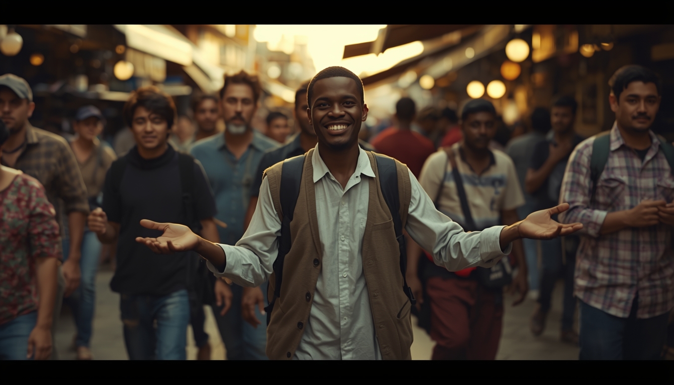 A bustling marketplace scene with a smiling figure walking through crowd with open hands, people going about daily life, sense of peace amid activity