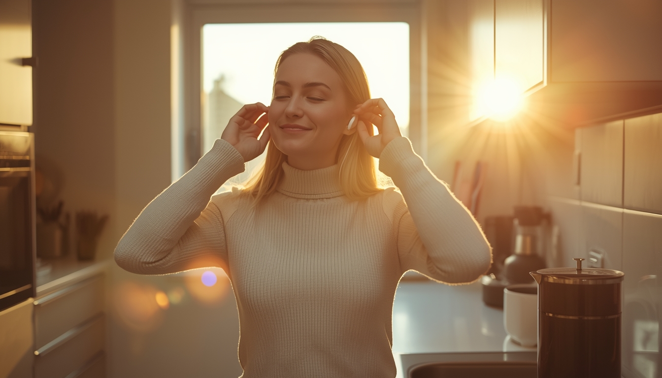 A woman in her 30s standing in a bright, modern kitchen at sunrise. She has just placed wireless earbuds in her ears and is smiling softly with eyes gently closed in peaceful focus. Morning sunlight streams through a large window, creating warm golden rays and soft lens flare