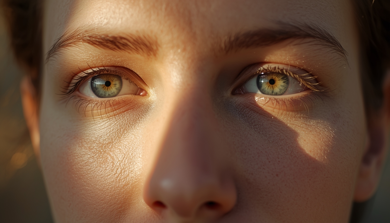 A person's eyes open, clear and aware, soft morning light on face, expression of peaceful recognition and presence, conveying awakening and clarity