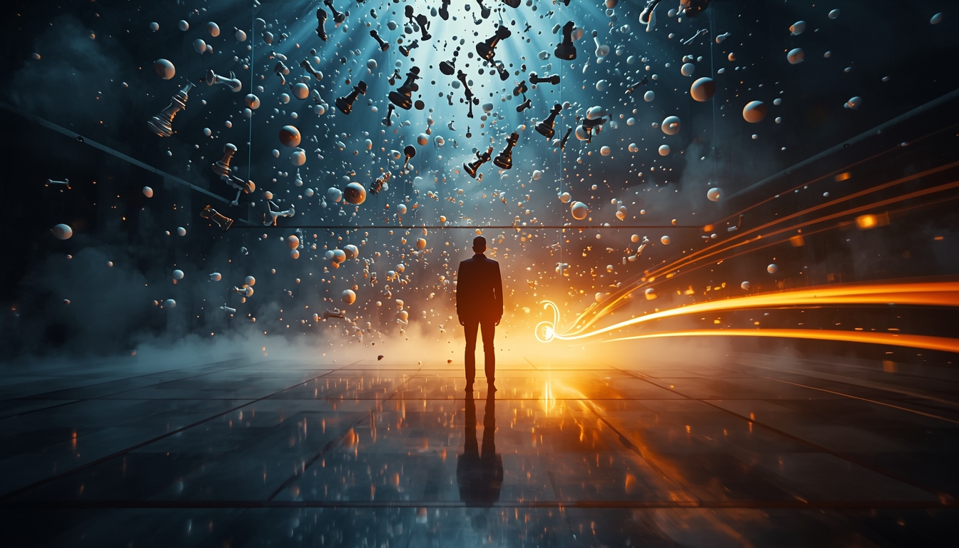 A lone human figure standing at the center of an enormous illuminated chessboard that is dissolving and transforming into a fast-moving squash court. Chess pieces are floating mid-air, frozen in time, while a glowing squash ball streaks across the frame leaving a trail of light.