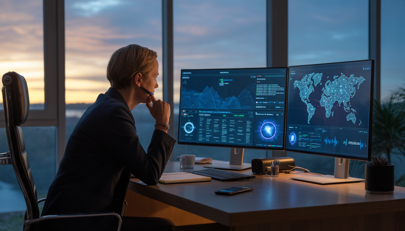 A sleek, modern home office at early morning — soft light coming through floor-to-ceiling windows. At the desk sits a focused professional, mid-30s, multiple AI interfaces glowing on dual monitors. On the screens: data visualizations, AI chat windows, and a world map with pulsing nodes. The person is leaning forward with a pen and notepad, clearly thinking critically — not passively consuming.
