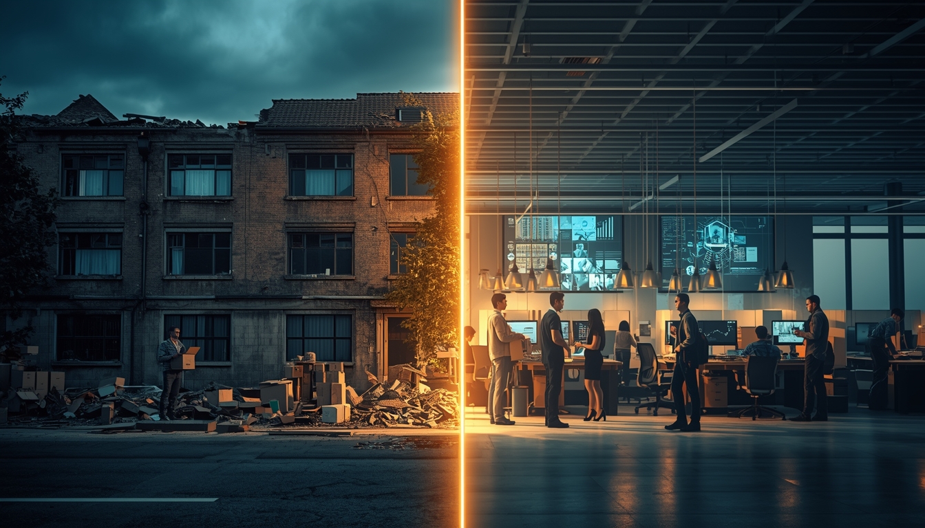 A dramatic split-screen visual: on the left side, a crumbling traditional office building with people standing outside holding boxes — representing displaced workers. On the right side, a glowing, modern workspace where humans and AI interfaces collaborate — screens, holograms, and people actively engaged. A thin line of golden light divides the two worlds. The overall mood is one of transformation, not despair — emphasizing that the choice between the two worlds is in the hands of the people shown.