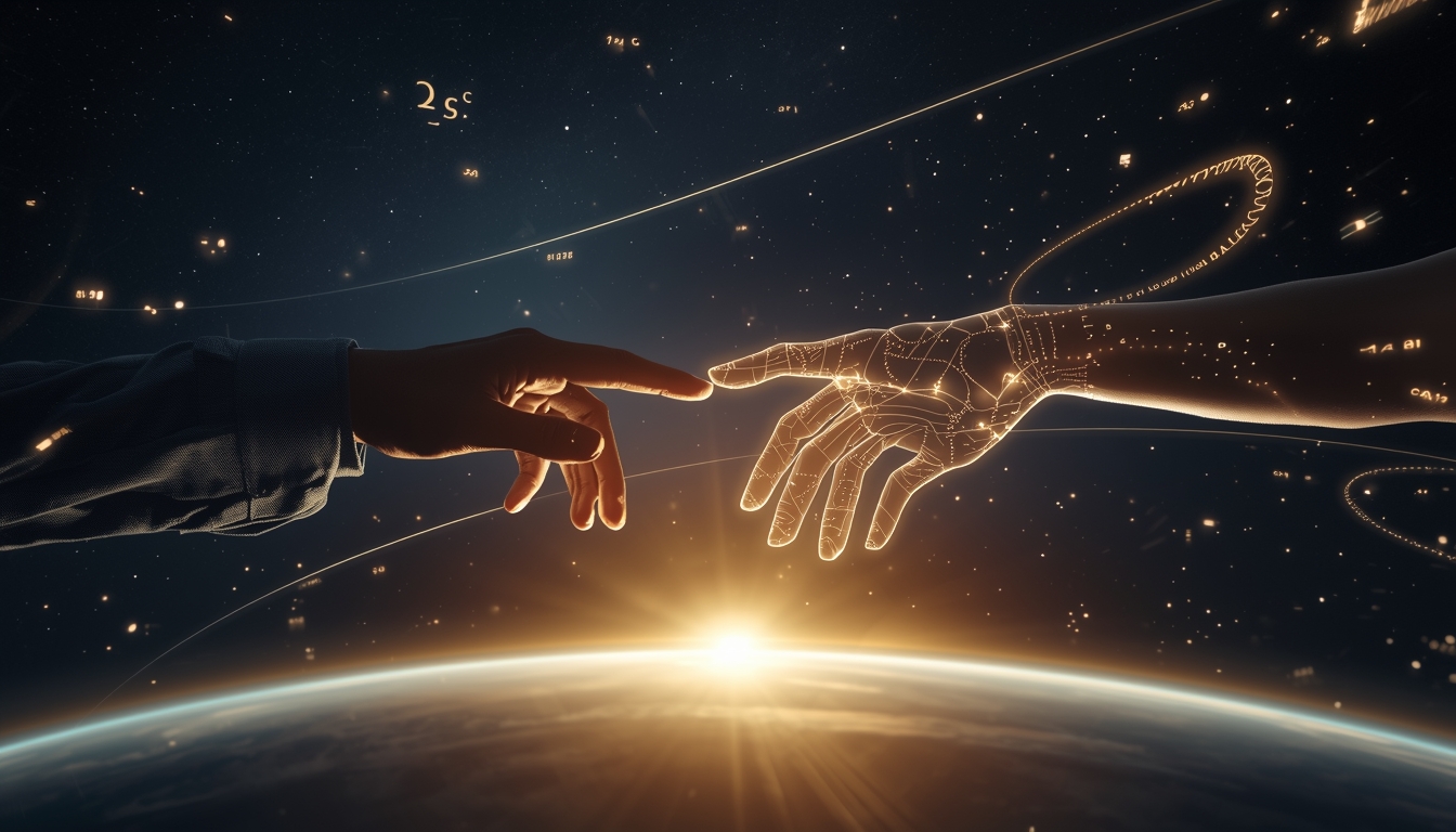 Close-up of two hands — one human, one rendered in soft translucent light suggesting AI — reaching toward each other without touching, like a modern Michelangelo's Creation of Adam. Around both hands, streams of glowing data, mathematical equations, and DNA-like spirals orbit in the air. The background is deep space with a soft sunrise glow at the horizon. The mood is profound, collaborative, and hopeful — human intelligence and artificial intelligence as partners. 