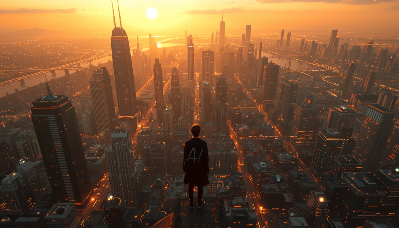 A person standing at the edge of a high vista at sunrise, looking out over a vast futuristic cityscape where traditional skyscrapers blend seamlessly with glowing AI infrastructure — data towers, soft holographic networks connecting buildings like a nervous system. The person's posture is relaxed, confident, and forward-facing — not overwhelmed but ready. Warm amber sunrise light spills across the entire scene. The mood is: "I see what's coming and I'm prepared."