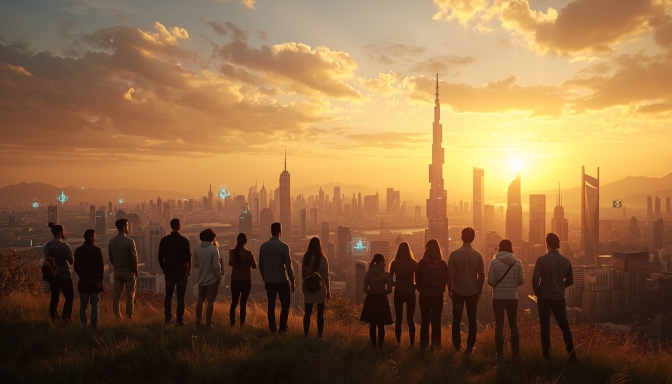 A dawn scene of diverse group of people standing together on hilltop looking at futuristic city skyline where AI and human collaboration is visible in architecture, symbols of ethics and consciousness glowing in sky, hopeful and empowering atmosphere, golden hour lighting, cinematic wide shot representing collective human future with AI