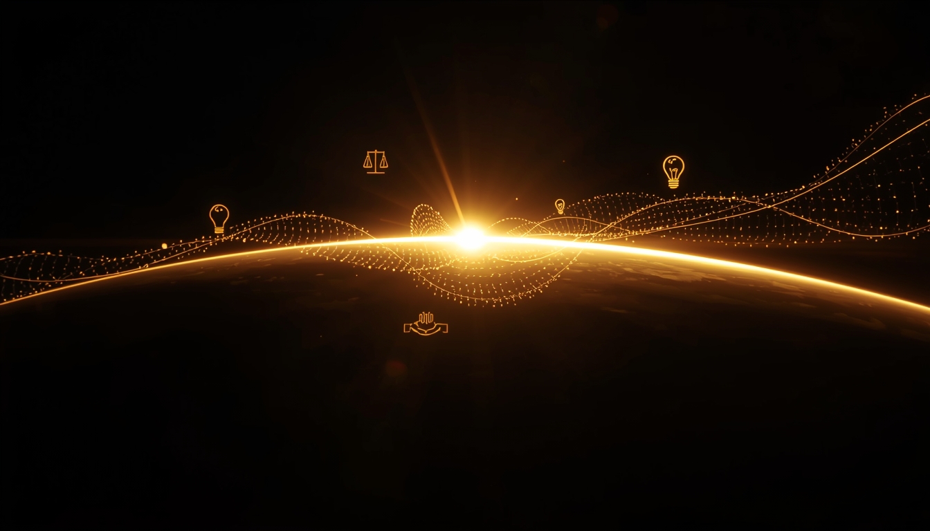 Earth from space, half in shadow (dystopia) and half in golden dawn light (utopia), with a subtle luminous wave of consciousness energy flowing across the terminator line. Within the light wave, faint symbolic icons float: a balanced scale (accountability), interconnected nodes (connection), a lightbulb with circuit patterns (innovation), and an open hand (power/freedom).