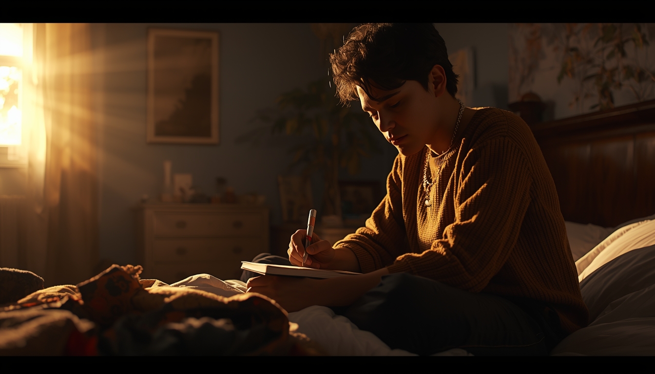 Wide shot of a person sitting on the edge of their bed at sunrise, journaling with a thoughtful expression, subtle room clutter in the background to represent unfinished responsibilities, soft golden morning light, realistic skin texture, natural shadows, cinematic composition, emotional but grounded