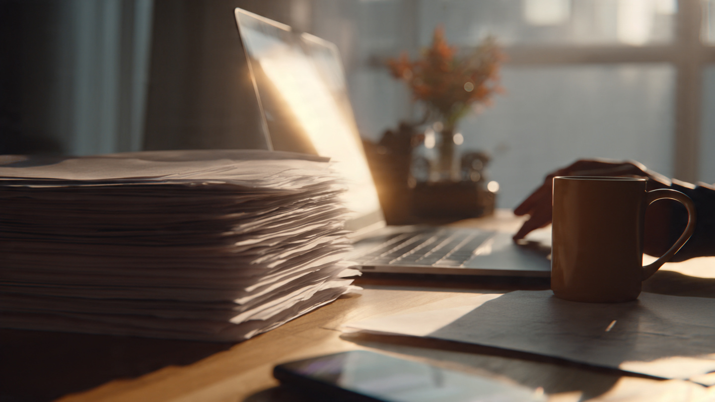 A close-up of a morning desk scene with an unopened stack of papers, a laptop, a coffee mug, and a phone showing notifications, a person’s hand hovering over the papers in hesitation, warm natural window light, realistic office-home environment, subtle tension and decision-making energy,