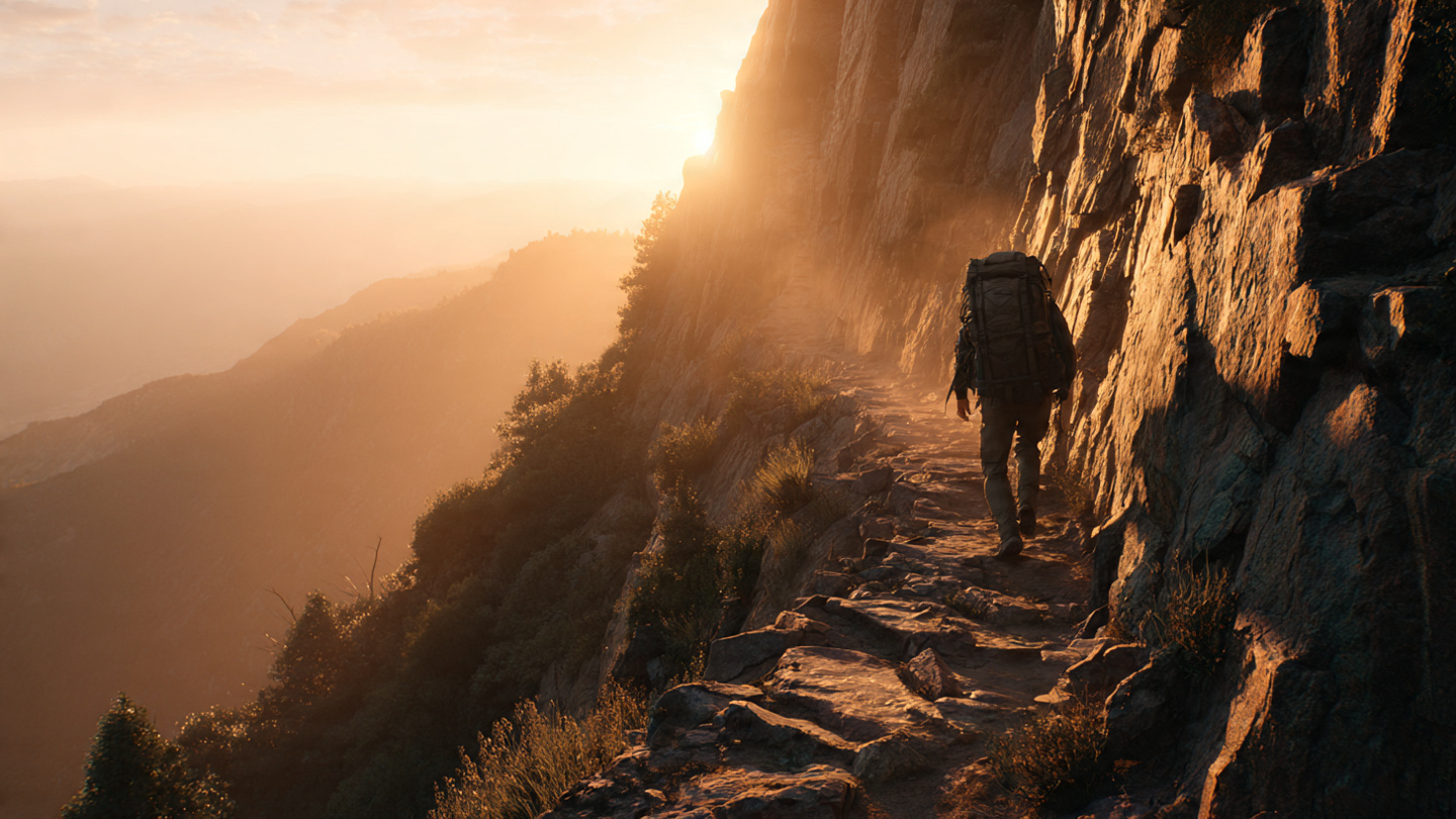 A person climbing a steep mountain path at sunrise, backpack on, looking determined but exhausted. The path is narrow with a drop-off on one side (chaos) and a cliff wall on the other (order). Realistic photography, golden hour lighting, showing the balance between danger and progress