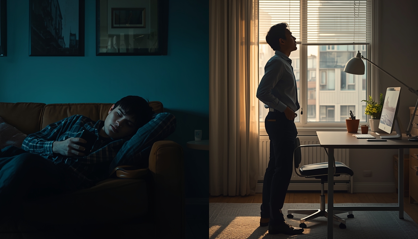 Split composition showing two versions of the same person: left side slumped on couch scrolling phone in dim light (avoidance), right side standing tall at a clean desk working with purpose in morning light (responsibility). Realistic photography, dramatic lighting contrast, same person in both frames.