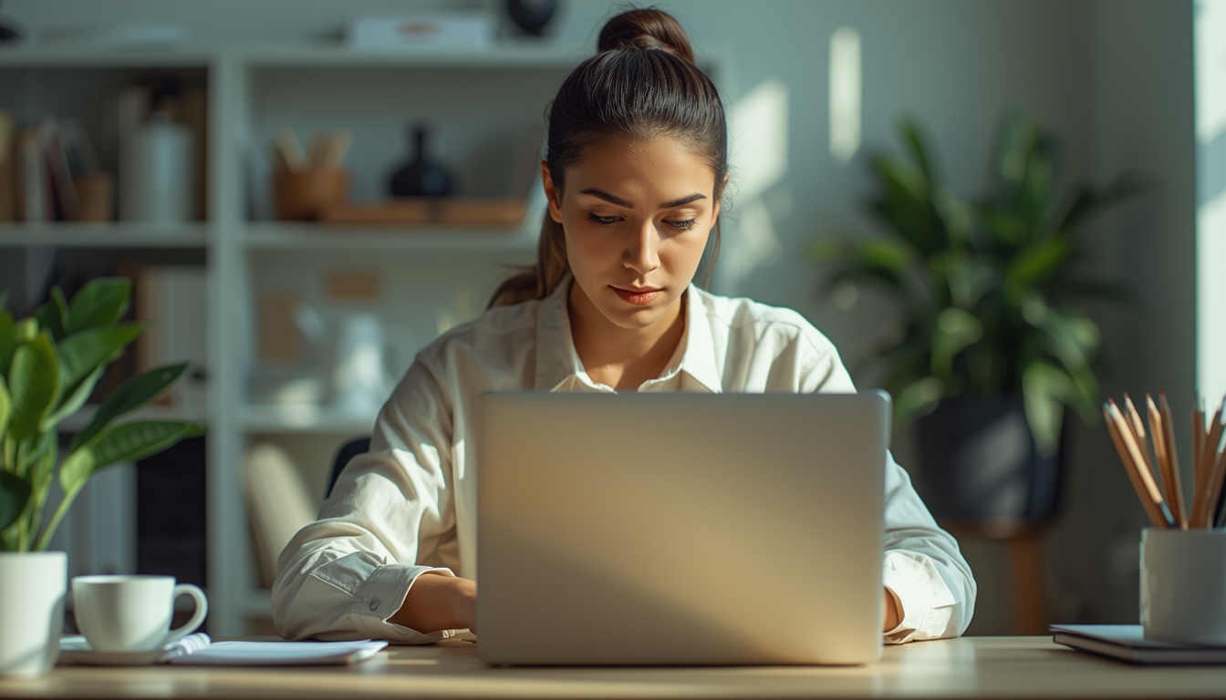 A person sitting calmly at an organized desk, opening a laptop, and beginning focused work, expression of quiet discipline and relief, bright natural interior lighting, realistic home office details, minimal but emotionally rich composition