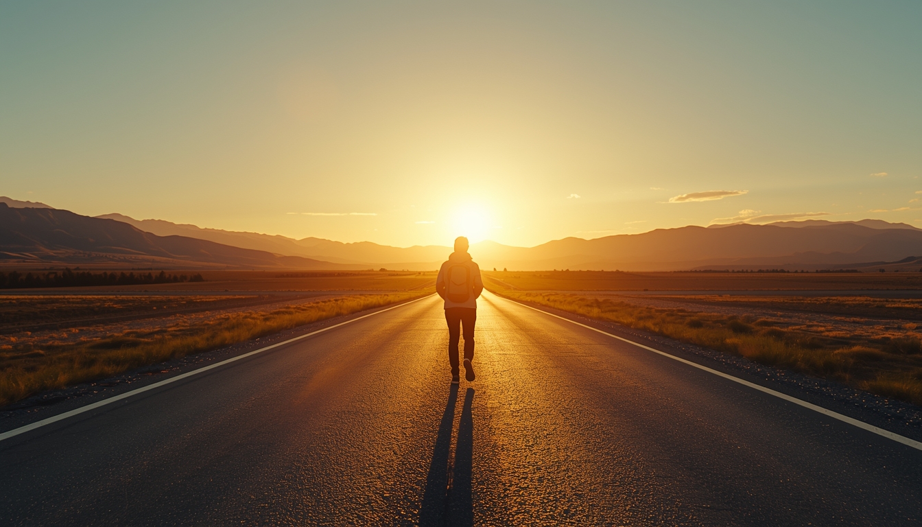 A wide shot of a person walking down an open road toward a sunrise with mountains in the distance, confident posture, backpack or light jacket, sense of freedom and purpose, cinematic atmosphere, natural colors, hopeful and expansive mood