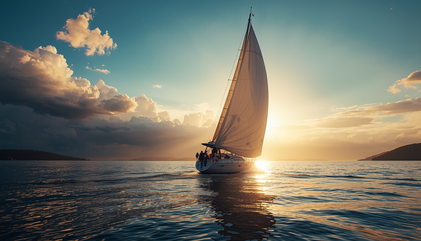 A lone sailboat cutting through calm, golden-hour waters with a massive, billowing white sail catching the wind. In the distance, storm clouds are breaking to reveal bright sunlight. 