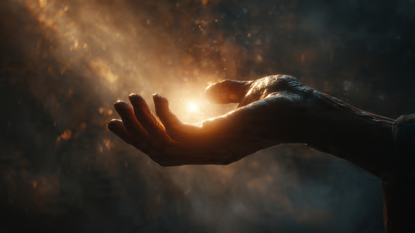 A single human hand gently extending outward, holding a glowing, warm golden orb of light that illuminates a dark, chaotic background. The light represents selfless love and choosing the best interests of others. The hand is diverse and realistic, showing texture and warmth. The background transitions from deep shadow to soft dawn light, symbolizing hope and sacrifice. 