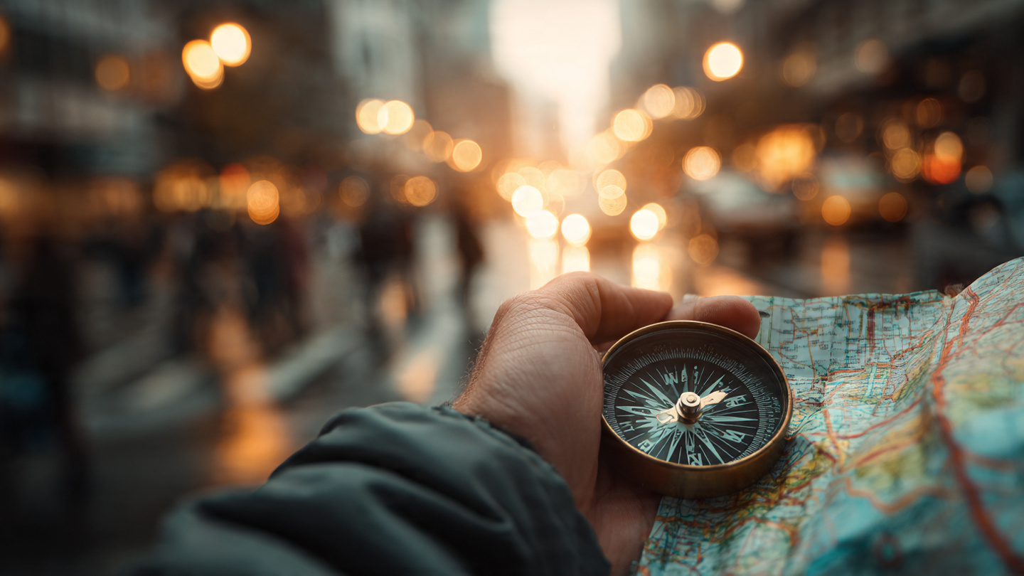 A person’s hands holding a compass and a map, overlaid on a background of a bustling city street blurred in motion. Symbolizing direction amidst chaos.