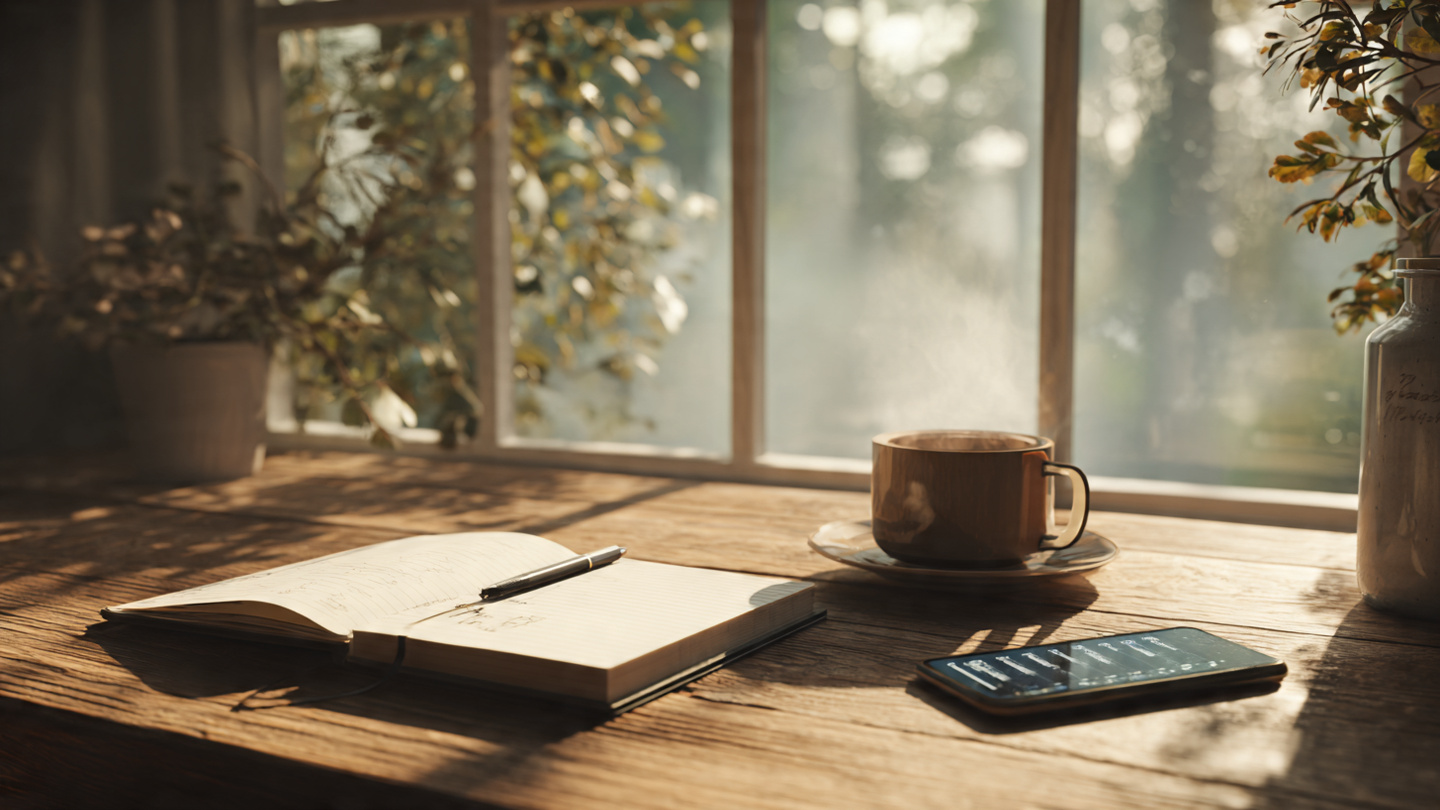 A serene morning scene. A journal, a pen, and a cup of coffee on a wooden table next to a window with soft morning light streaming in. A smartphone nearby displaying a simple checklist. Calm, organized, inviting.