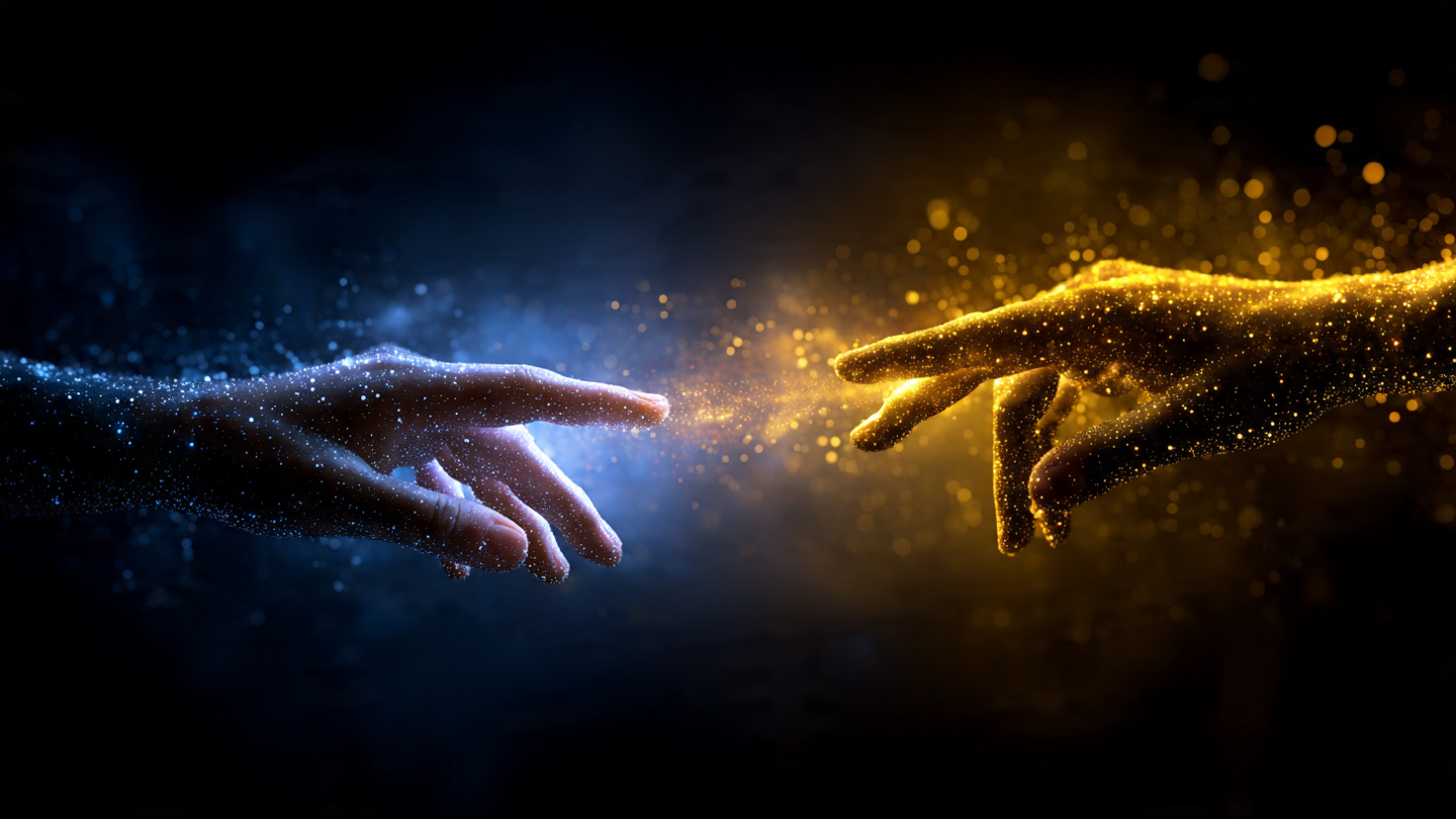  Photorealistic abstract concept. Two hands reaching toward each other across a gap, with glowing particles of light connecting them. Symbolizing connection, networking, and the transfer of energy/opportunity. 