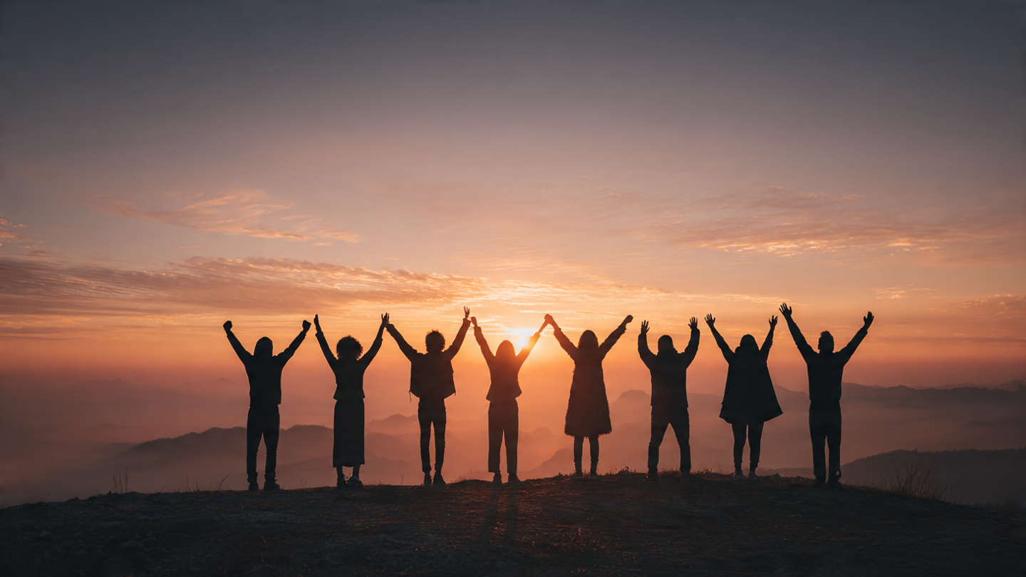 Photorealistic, empowering portrait. A diverse group of people standing on a hilltop looking out at a vast horizon, backs to the camera, arms raised in triumph. Silhouetted against a sunrise. Symbolizing collective success and future potential.
