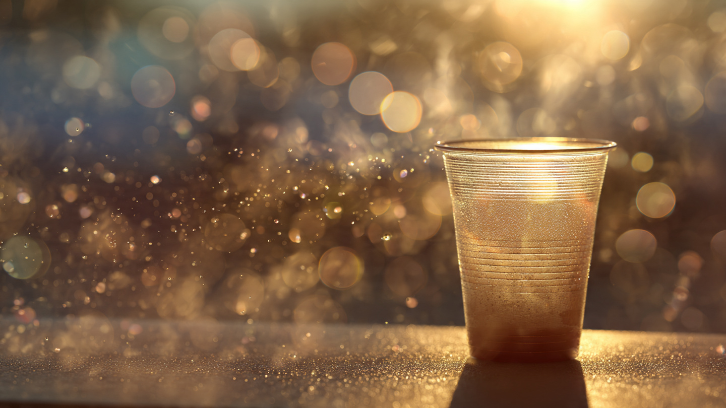 Golden light swirling from a plastic cup, symbolizing a life-changing moment, elegant bokeh background.