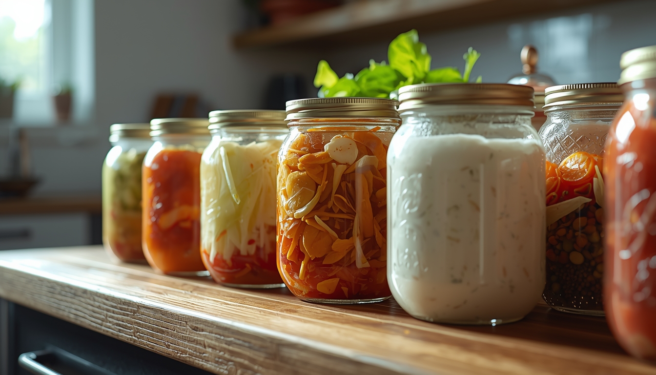 A close-up of fresh fermented foods in glass jars—kimchi, sauerkraut, kefir—arranged on a rustic wooden kitchen counter, natural morning light, vibrant colors, shallow depth of field, professional food photography, healthy aging lifestyle