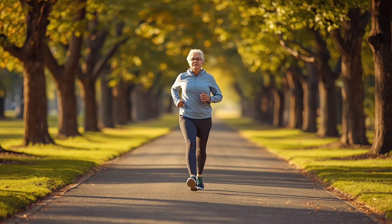An active senior adult walking briskly in morning sunlight through a peaceful park or tree-lined path, wearing comfortable athletic clothing, natural golden hour lighting, motion blur suggesting movement, inspiring health and vitality, professional lifestyle photography