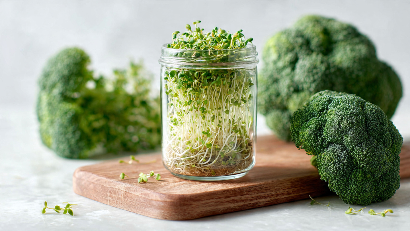 Fresh broccoli sprouts in a glass container next to mature broccoli florets on a clean white cutting board, bright natural kitchen lighting, vibrant green colors, macro detail showing texture, professional health food photography, clean minimalist composition