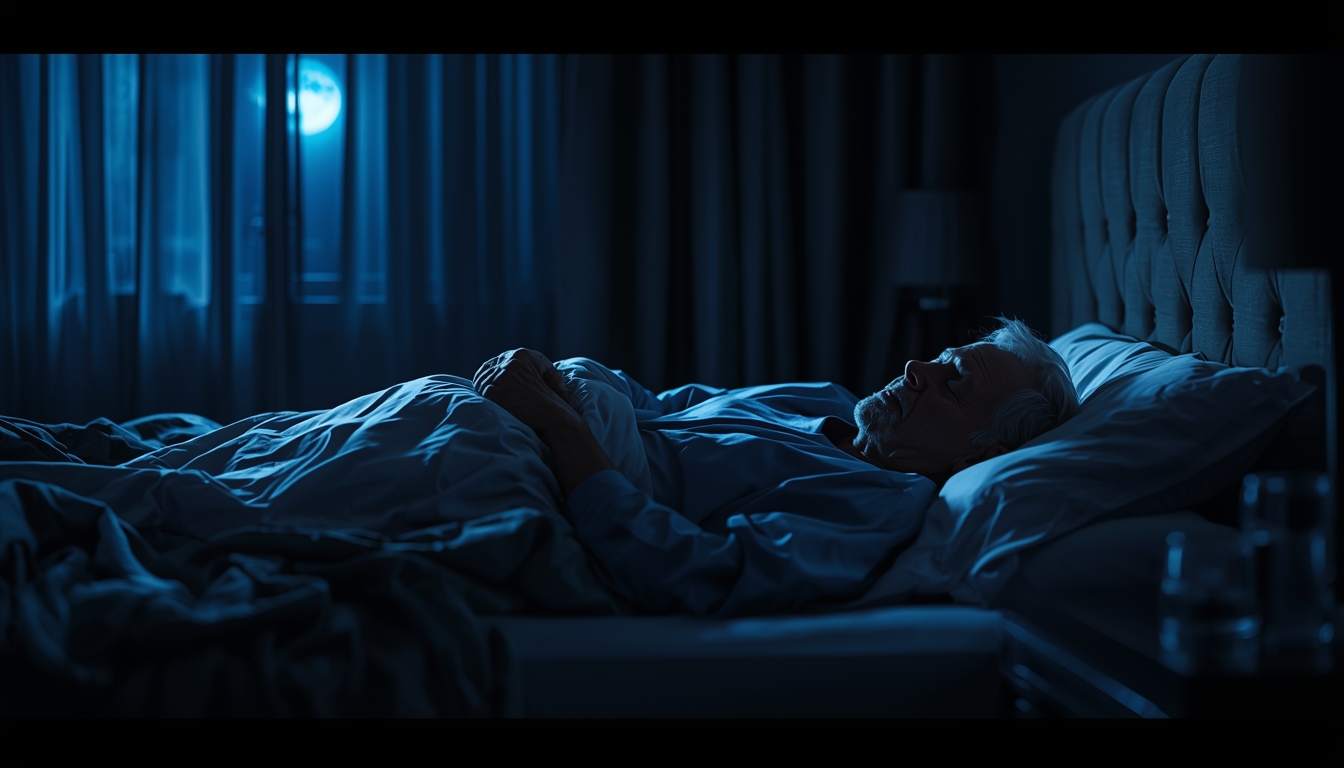 A peaceful senior adult sleeping soundly in a cool, dark bedroom with blackout curtains, comfortable bedding, bedside table with water glass, soft blue moonlight filtering through, serene atmosphere, professional wellness photography, calm and restorative mood