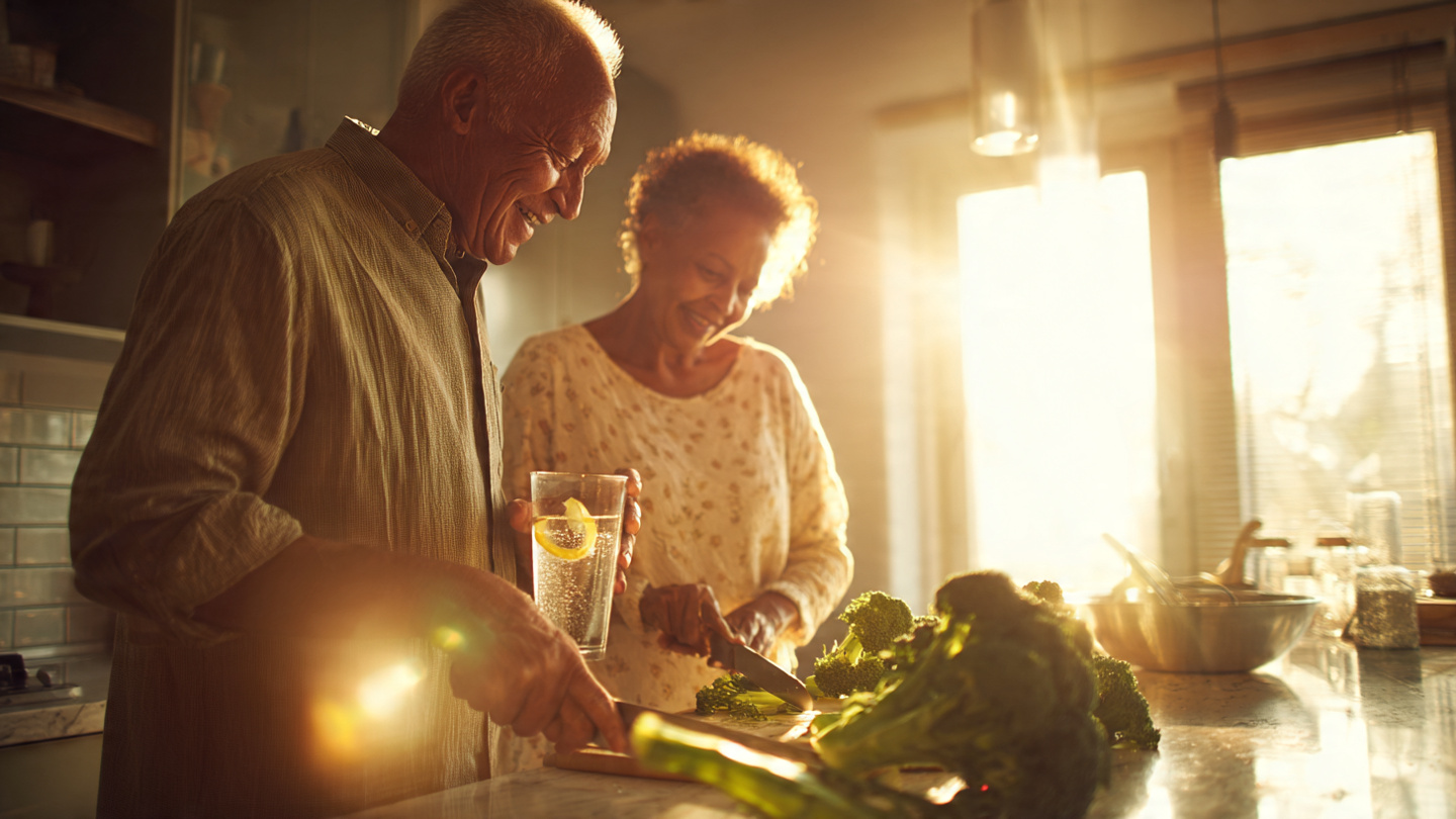 A healthy, vibrant 68-year-old man and woman standing on a sunlit kitchen at dawn. The man is drinking a large glass of cold water with lemon while the woman chops fresh broccoli. Soft golden morning light streams through the window, creating a hopeful, peaceful atmosphere. They look energized and connected to their routines. 