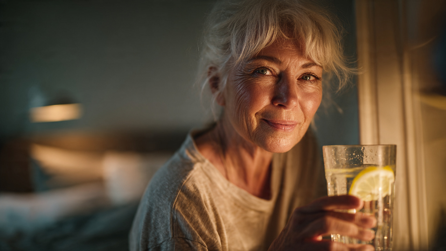 A 62-year-old woman standing at her nightstand at sunrise, happily drinking a full glass of cold lemon water. Soft morning light, peaceful bedroom, glass has visible condensation, lemon slice on the side. She looks refreshed and intentional. 