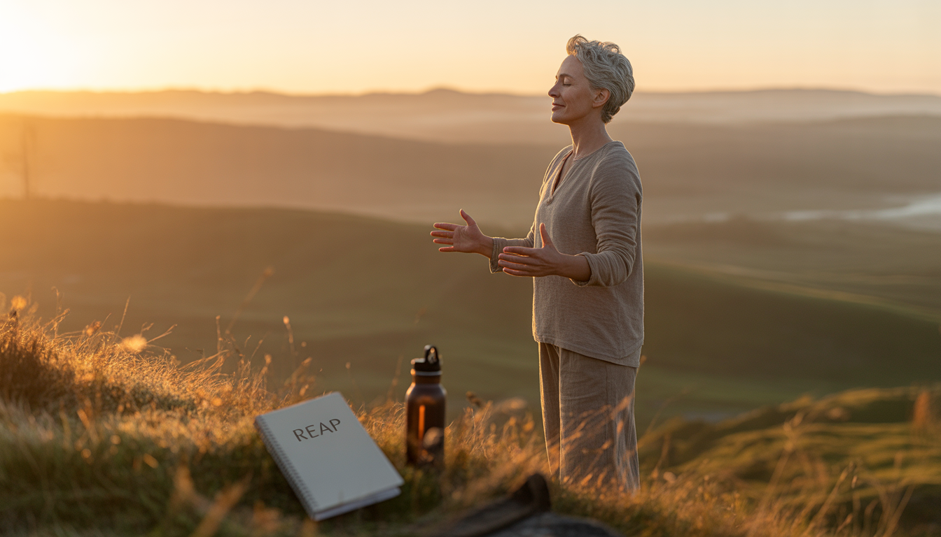 Photorealistic image of a serene, empowered mature woman standing on a peaceful hilltop at golden hour sunrise, arms slightly open in a gesture of reception and strength. They're dressed in comfortable, natural-fiber clothing. In the foreground, subtle visual metaphors: a small journal with 'REAP' visible on the cover, a water bottle nearby. The background shows a vast, hopeful landscape—rolling hills